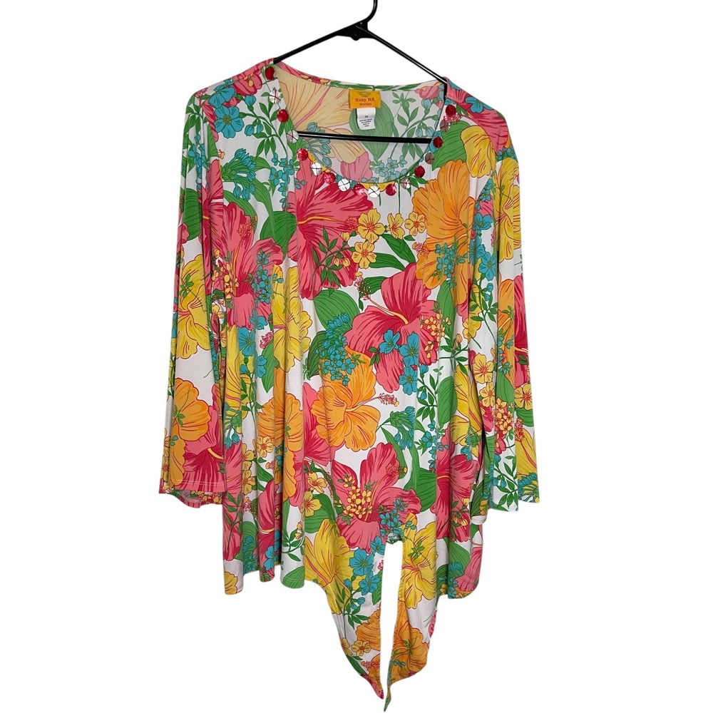 Ruby Rd 1X Multicolor Floral Top Embellished Neck Tie Front Tropical Vacation
